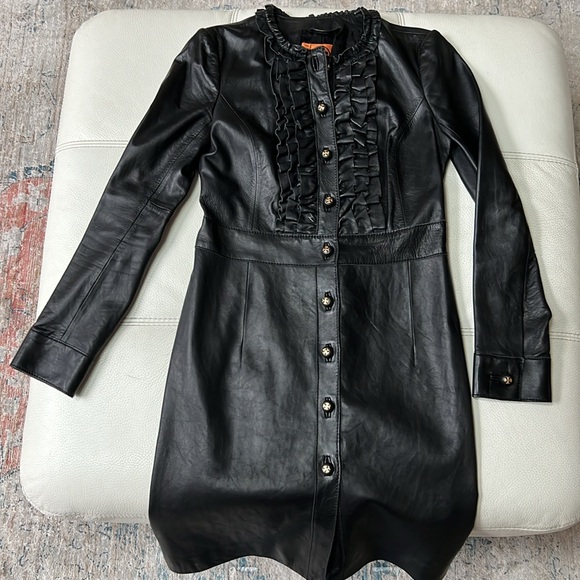 Tory Burch Black Leather Jacket with Ruffle Accents Size 4 - Picture 6 of 6